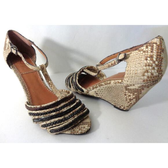 BACIO 61 Cadorago 7.5M Tan Taupe Snake Leather Bronze Chain Wedge Sandals Shoes - Picture 1 of 8